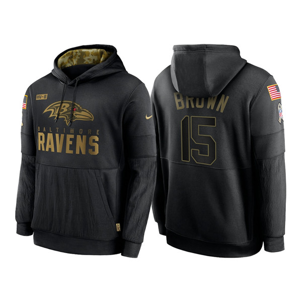 Men's Baltimore Ravens #15 Marquise Brown 2020 Black Salute to Service Sideline Performance Pullover Hoodie